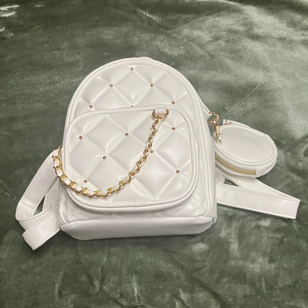 White Quilted Mini Backpack with Gold Hardware